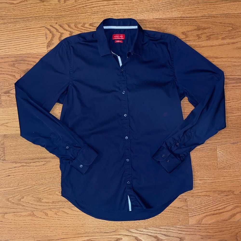 Zara Blue Button-Up Super Slim Fit Shirt - Size Large